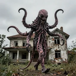 1 9 7 0 s photography, tall and eerie monster with tentacles, walking outside old abandoned house