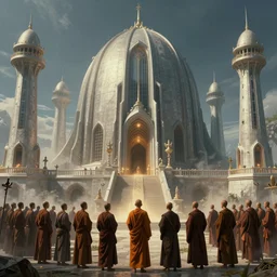 nuclear monasteries, ran by the hydrohelenine monks, devoted to safeguarding the longterm energy needs of humanity. stunning concept art by ralph mcquarrie. 8 k.