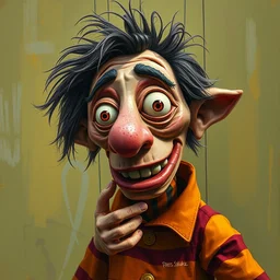 colored oil painting character study of hand made puppet of todd solondz, 3 d puppet, vivid colors, storyboard, dramatic and emotional, concept design, realistic. by neil hughes, sarah webb, katie boyce, pixar. cinematic atmosphere, detailed and intricate, perfect anatomy