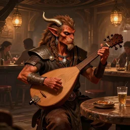dungeon and dragon illustration of a tabaxi playing a lute in a crowded tavern