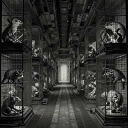 dark glowing cargo hall and corridors of huge space ship halls cages with strange animals detailed piranesi lithography