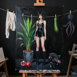 realistic painting of a black painted canvas, on an easel in a dark artist's studio with black walls, tall emo catgirl, wet black clothes, hemp rope, bromeliad, paint, clothes hanging on a clothesline to dry, high black boots, pomegranate, a black pig, courgette, black octopus, sensual, acrylic and oilstick on canvas
