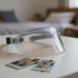 curved transparent video, volumetric lighting, bedroom, visor, users, pair of keycards on table, bokeh, creterion collection, shot on 7 0 mm, instax