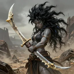 realistic art style, wasteland, saiyan girl, wild spiky black hair, long spiky hair, electrified hair, holding scimitar made of bone, scimitar, sword, jagged sword, curved sword, orkish sword, colorized, gray skin, hyper - detailed, primeval fantasy, prehistoric fantasy, drawn by frank frazetta and boris vallejo