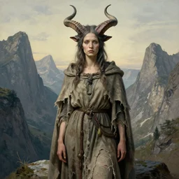 A detailed very horned woman stands among the mountains. Wearing a ripped mantle, robe. Perfect faces, extremely high details, realistic, fantasy art, solo, masterpiece, art by Zdzisław Beksiński, Arthur Rackham, Dariusz Zawadzki