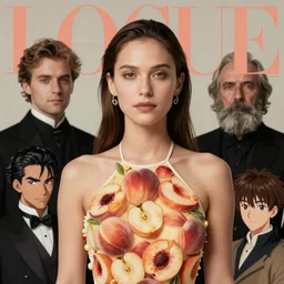 vogue magazine, elle magazine, anime korean natalie portman halter top made of fruit peach pattern, ilya kuvshinov, greg rutkowski, john singer sargent, anime, trending on artstation, intricate