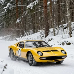a 1 9 6 7 lamborghini miura p 4 0 0, racing through a rally stage in a snowy forest