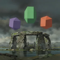 a realistic cell - shaded studio ghibli concept art from paprika ( 2 0 0 6 ) with very dull muted colors. three colored cubes hover over a flooded monument valley stonehenge on a misty starry night, hd, 4 k, hq