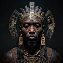 portrait of futuristic african tribal chief, insibidi symbols, symmetrical, dramatic lighting, art by zdzislaw beksinski,