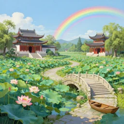 a gorgeous summer landscape painting by barlowe wayne maxfield parrish and marco mazzoni. lotus pond!! chinese temple. the winding steps. stone bridge. boat. ultra clear detailed. 3 d, octane render. a lonely rainbow.