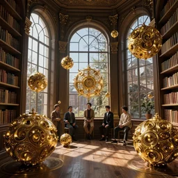 magical library, windows, cast shadows, gold details. fractal spheres. intricate environment, art by rossdraws, kim jung gi, peter mohrbacher, victo ngai, thomas kinkade, carl spitzweg, craig mullins. unreal engine 5, blender, octane, ray tracing, dramatic studio lighting, sharp focus, masterpiece, post processing