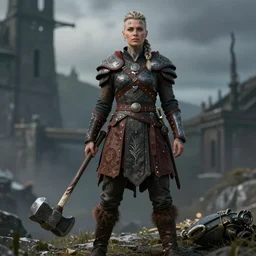 a cinematic view of very ornated female viking berseker, pixie haircut, showing nordic tattoos in the full body, using leather armour with an hammer made of mammoth tusk, photorealistic, volummetric light, detailed, texturized, leica lens high quality