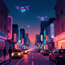 a neon lit - african urban street with flying drones, cinestill 8 0 0 t photograph, illustration in the style of philippe bouchet,