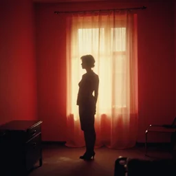 film photography from 7 0 s, interior, red room, woman silhouette in soft light, golden hour, in style of joel meyerowitz