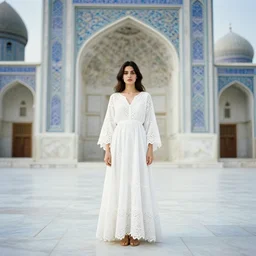 a full body portrait of a woman wearing an billowing doily dress, inside a white iranian marble temple, in the style of irakli nadar, soft lighting, film photography, face in the style of irakli nadar