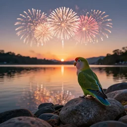 lovebird watching fireworks show at a lake, reflective, sunset, landscape photography, nature, stones