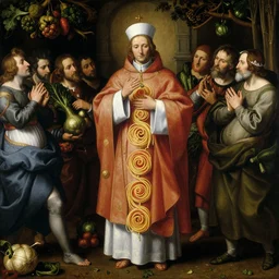 full body image of a catholic priest wearing spagetthi fractals, a crowd of vegetables is watching, highly detailed, by giuseppe arcimboldo and ambrosius benson, renaissance, romanticism, intricate and intense oil paint, a touch of beksinski, realistic