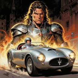 mike mignola comic art, the incal, maserati tipo 1 5 1, cinematic moebius illustration, driver rider, film still, knight rider kitt