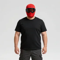a short stocky buff guy in a plain black t shirt and cargo shorts wearing a red ski mask over his face with black ski goggles, as a comic book superhero in an action pose, comic book cover art in the style of artgerm
