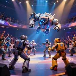 battlebots tv show battle, the public is cheering in the background, digital art, epic, awesome, creative lighting, volumetric lighting, epic composition, realistic, trending on artstation