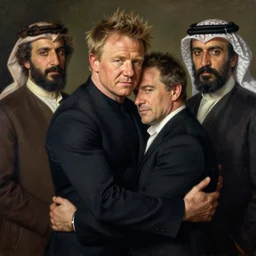 gordon ramsay embracing guy fieri, orientalist intricate portrait by john william waterhouse and edwin longsden long and theodore ralli and nasreddine dinet, hyper realism, dramatic lighting