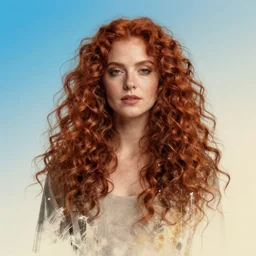 portrait woman with long red curly hair, by atey ghailan, by greg rutkowski, by greg tocchini, by james gilleard, by joe fenton, by kaethe butcher, by ashley wood, dynamic lighting, gradient light blue, brown, blonde cream and white color scheme, grunge aesthetic