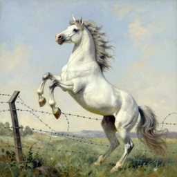unicorn breaking through barbed wire, photograph in style of gaston bussiere