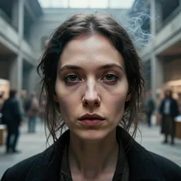 detailed face of an intelligent clothed woman with kind eyes in a architectonic courtyard with whisps of smoke at a science expo, atmospheric, ambient, pj crook, syd mead, livia prima, artgerm, greg rutkowski, nick alm, casey baugh