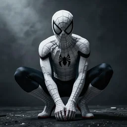 moody atmospheric render of a white and black spiderman by leon tukker