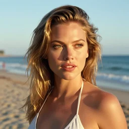 A hyper realistic and detailed head portrait photography of Rebecca Romijn, swimsuit model on a beach. by Cameron Hammond. 1980s magazine style. golden hour. KODAK EKTAR 100. Lens flare. Summilux 50mm