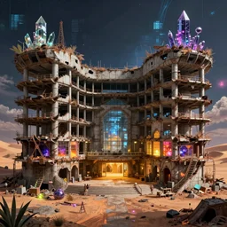 a beautiful hyperdetailed render of abandoned unfinished building industrial architecture nature urbex building lobby by ted nasmith, vice city bladerunner 2 0 4 9 dramatic lighting synthwave infrared azeroth biopunk nightsky crystal nature sci - fi thermal imaging desert architecture island, archdaily, wallpaper, highly detailed, trending on artstation.