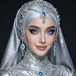 a beautiful woman wearing a hijab made of silver with jewelry and diamonds by karol bak, ayami kojima, artgerm, sakimichan, arabian beauty, blue eyes, smile, concept art, fantasy