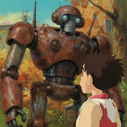 a close - up low angle, from below, face details worms - eye - view film still of a disney style boy lookint to a big rusty dieselpunk robot sit in an autumn forest city, close up at the robot, trending on pixiv fanbox, painted by greg rutkowski makoto shinkai takashi takeuchi studio ghibli, aki