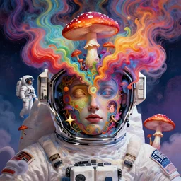 astronauts head bursted into colorful liquid smoke and clouds, an extremely colorful psychedelic experience, warping time and space, magic mushrooms, psilocybin, lsd, face, detailed, intricate, elegant, master peace, digital painting, artstation, smooth, sharp focus, illustration, art by krenz cushart, hana yata, and artem demura and alphonse mucha, octane render, unreal engine, 8 k