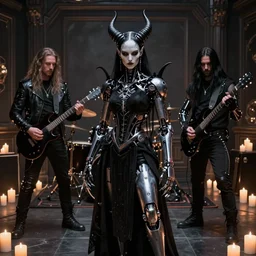 swedish black metal band, guitarists, bassist, drummer, vocalist, all black cyberpunk clothes, robotic prosthetic limbs, dermal implants, cyborg satan, futuristic, realistic, promo photograph, epk, in a room full of candles, high quality, highly detailed