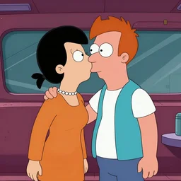 screenshot from leela and fry from futurama close romantic kiss in the planet express ship, trending on artstation
