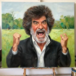 old!!!!!!!!!!!!!!!!!!! bob ross is sad and frustrated and angry and yelling!!!!!!!!!!!!!!!! at a huge painting of nature!!!!!!!!!! by bob ross, grey hairs, masterpiece, trending on artstation
