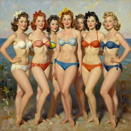 1940s group of pinup bikini girls, oil painting, by Gil Elvgren
