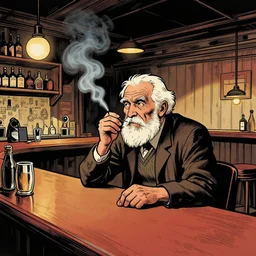 An oldman, smoking, in a bar, Graphic Novel style , Wide Angle