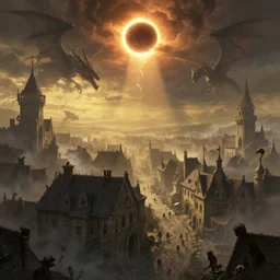 A digital concept art painting of a medieval town in a strange alternate dimension, solar eclipse, rift in the sky, dragon, zombies, misty streets, golden hour, by Greg Rutkowski, trending on Artstation