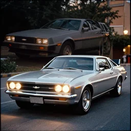designed by john delorean stylized poser of a single 1 9 6 7 chevrolet impala! 2 0 1 3 chevrolet camaro ss!!!! ( delorean ), large led lights, ektachrome photograph, volumetric lighting, f 8 aperture, cinematic eastman 5 3 8 4 film