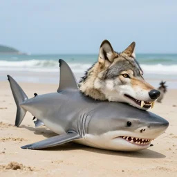 professional photo of a shark body and canine wolf head half wolf half shark strange combo discovered on the beach