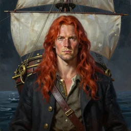 a portrait of a long haired, red headed male sky - pirate in front of an airship, oil painting, darkness, paint texture, digital painting, highly detailed, artstation, sharp focus, illustration, concept art, ruan jia, charlie bowater, tom bagshaw, norman rockwell