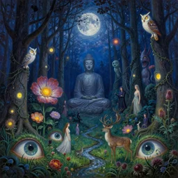 painterly dreamy Kupala Night in the blue forest with trees, giant eyes in the grass, giant flowers, glowing owls, deers, women, lianas, thistles, giant fantasy creatures, a stream and sky with moon and stars, Buddha in the center of the forest, by Beksinski, Alex Grey, Aron Wiesenfeld and Giger dark fantasy, witcher, very detailed oil painting in the alla prima style, masterpiece, 8k