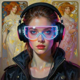 neon cyberpunk hacker with glowing geordi visor and headset headshot portrait painting by donato giancola, rhads, loish, alphonse mucha, mead schaeffer fashion photography