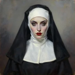 hyperrealistic artnouveau portrait oil painting of a vampire nun fine delicate details dark and blurry colors in style of michael hussar and alexandermcqueen