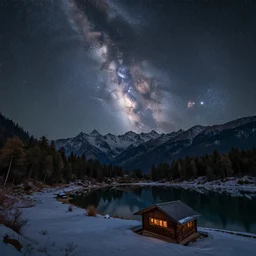 a beautiful double exposure of a deep field astrophotography image by hubble in the sky, and a night time landscape with himalayas, forests and a still lake with reflections, small wooden cabin in foreground, snow, lpoty, award winning, apod, low noise, detailed, sharp, elevated point of view