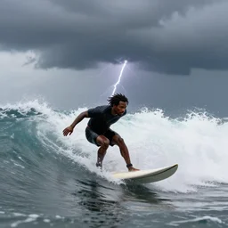 a wide angle dynamic action portrait of a black man with dreadlocks surfing in a thunderstorm, large violent waves, by artem rhads chebokha and tooth wu.
