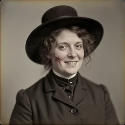 a late 1 9 th century, [ [ amused, cunning ] ], thirtysomethins years old, austro - hungarian woman ( with termed kyphosis, with wart, messy, brown hair, [ [ large black hat ] ], bun, looks like ( ( cate blanchett - with a smile ) ) ), daguerreotype by emil rabending