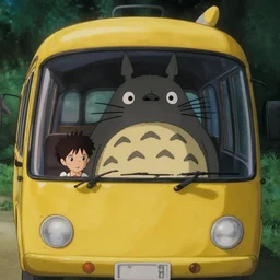 film still from totoro, harry potter inside yellow cat bus